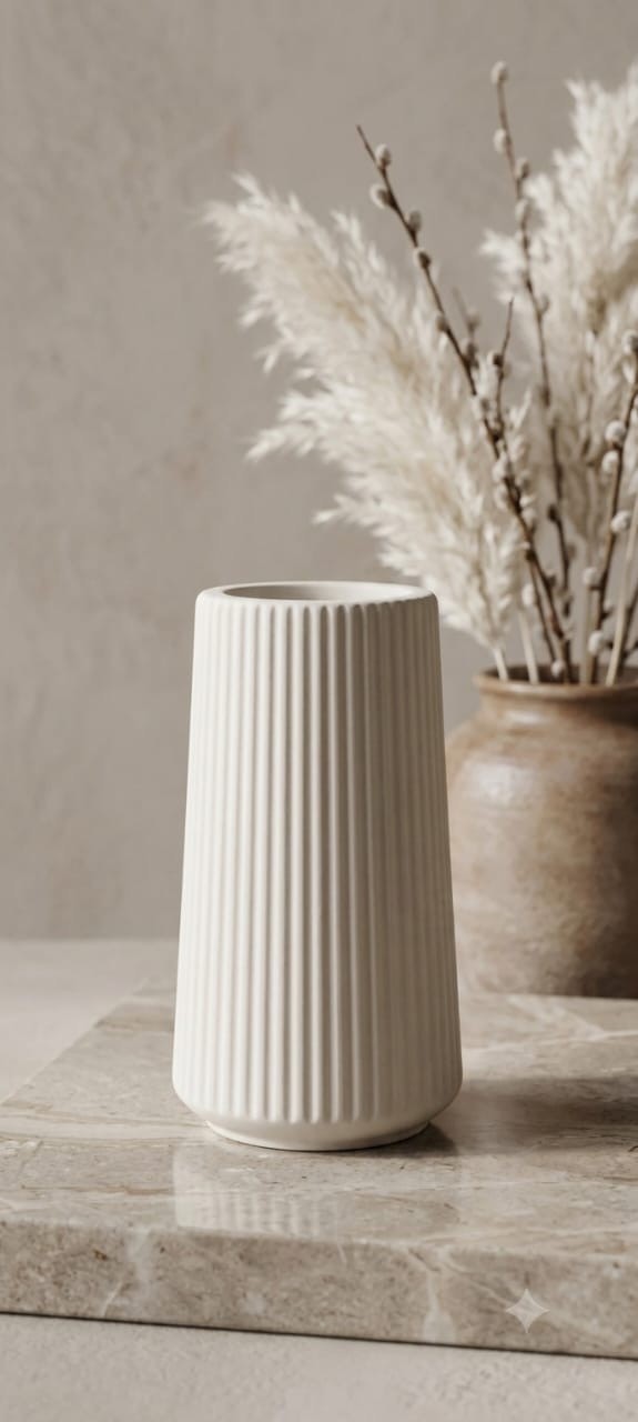 Ribbed White Ceramic Vase
