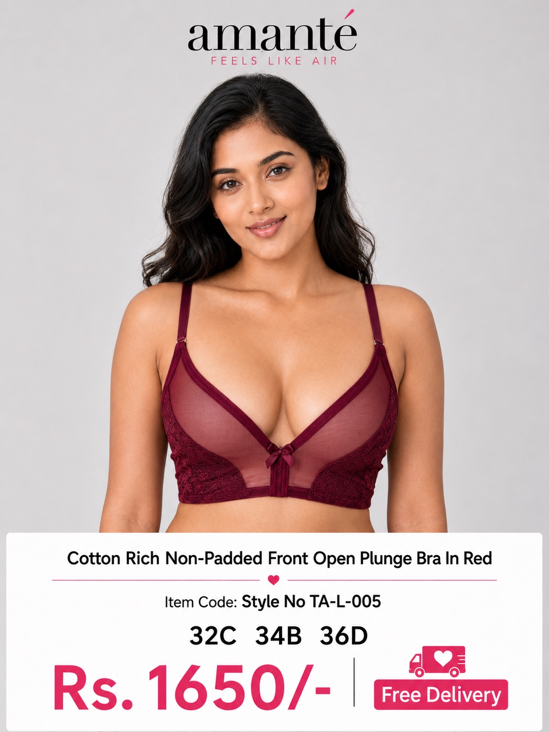Cotton Rich Non-Padded Front Open Plunge Bra In Red